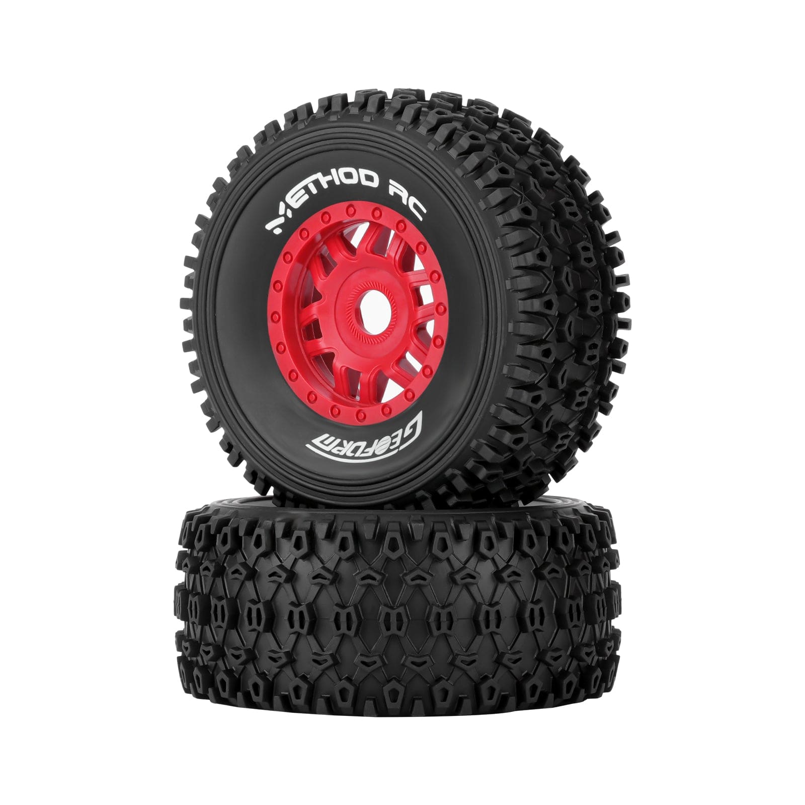 Method RC Tire and Wheel Red Geoform All-Terrain 1/8 Short Course Tires on SWITCH 17mm Hex Wheels Designed for ARRMA® MOJAVE™ 4S (2pcs Glued)
