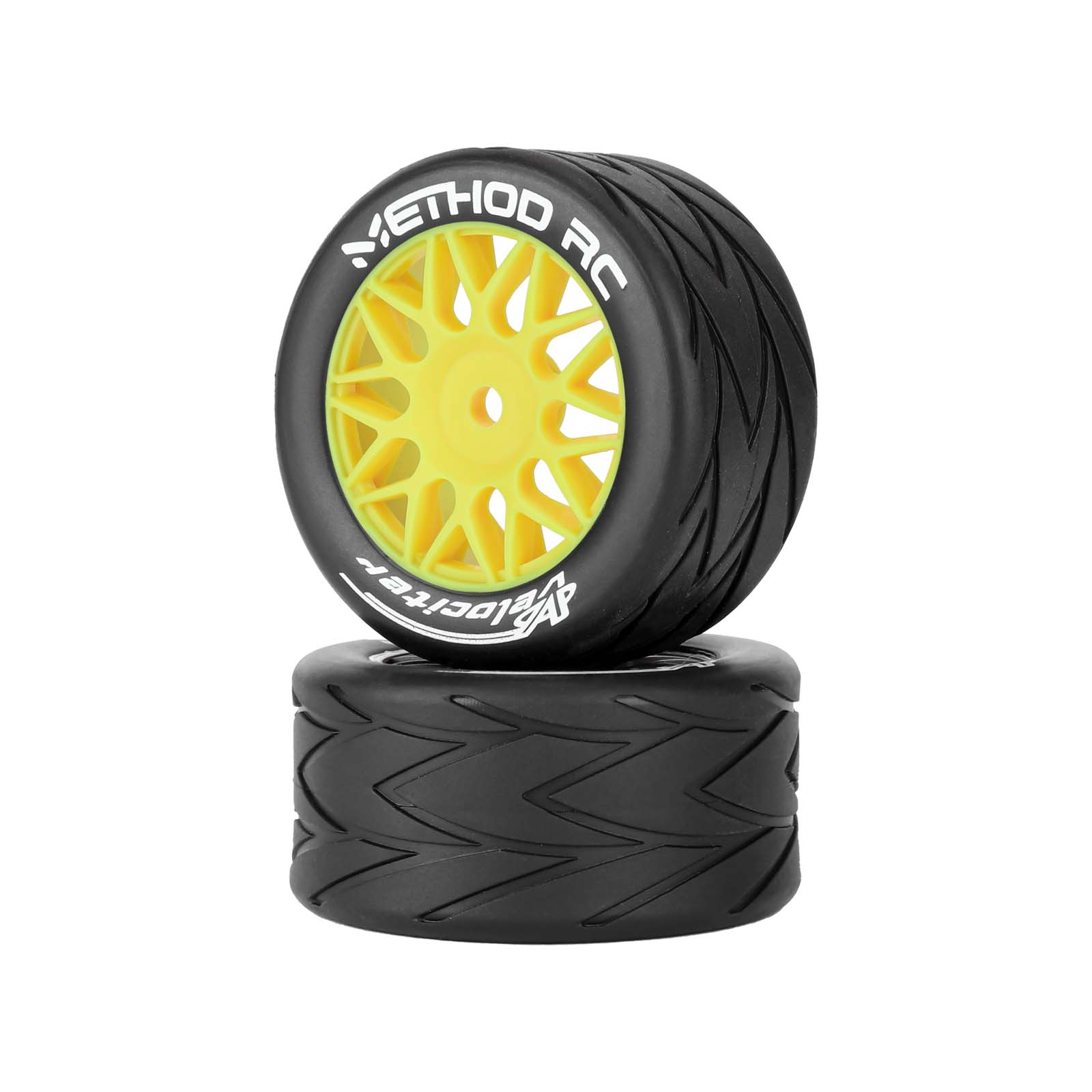 Method RC Tire and Wheel Yellow Velociter All-Road 1/12 NASCAR Tires on FLYR 8mm Hex Wheels Designed for LOSI® 1/12 NASCAR Platform (2pcs Glued)