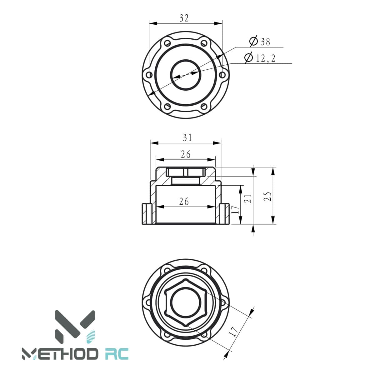 Method RC Wheel Hexes 6 x 32mm / 21mm Offset Hex Adaptor for use with Traxxas MAXX, REVO, HPI Savage, Arrma Fireteam, Corally Jambo (2pcs)