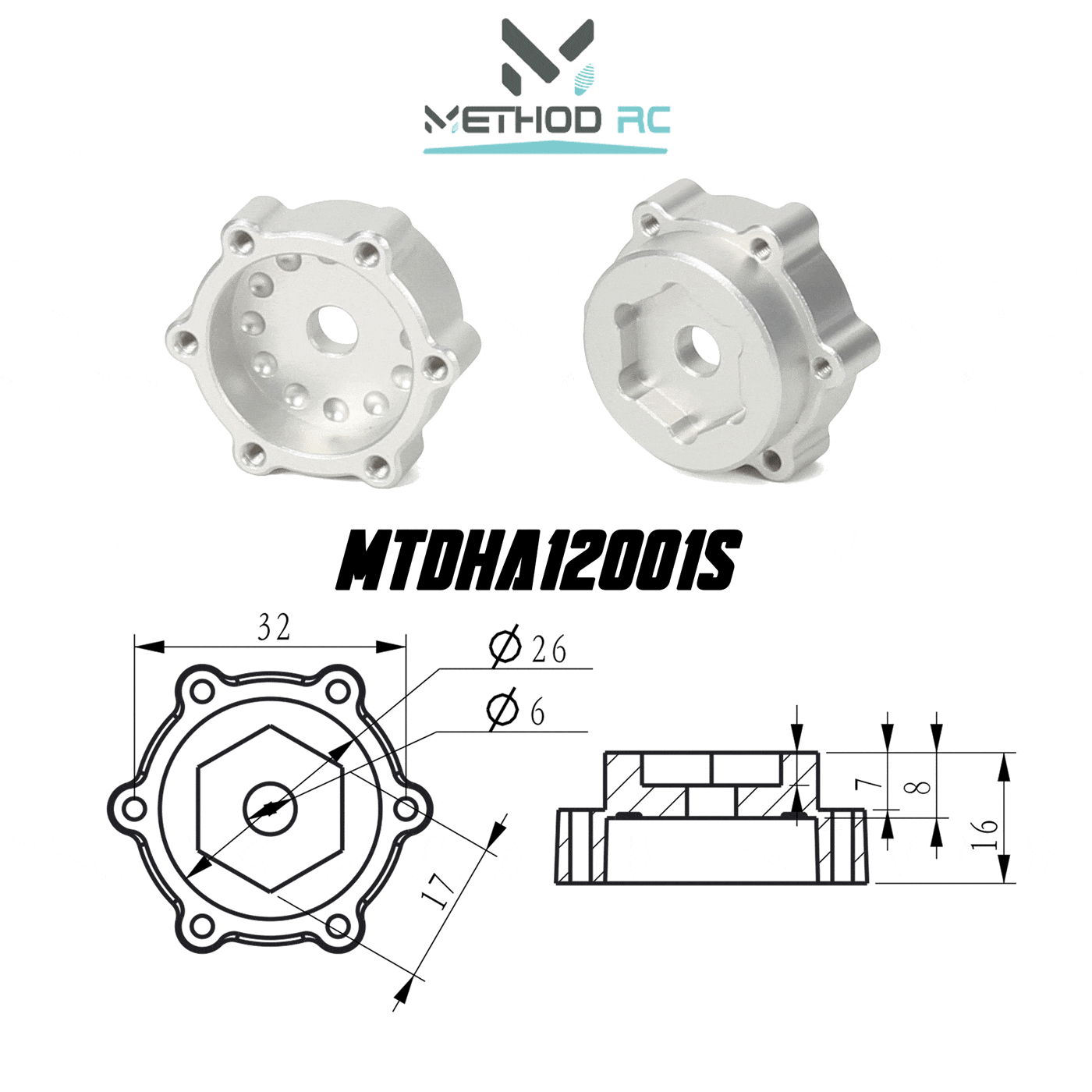 Method RC Wheel Hexes Silver 6 x 32mm / 12mm Offset Hex Adaptor for use with Traxxas UDR (2pcs)