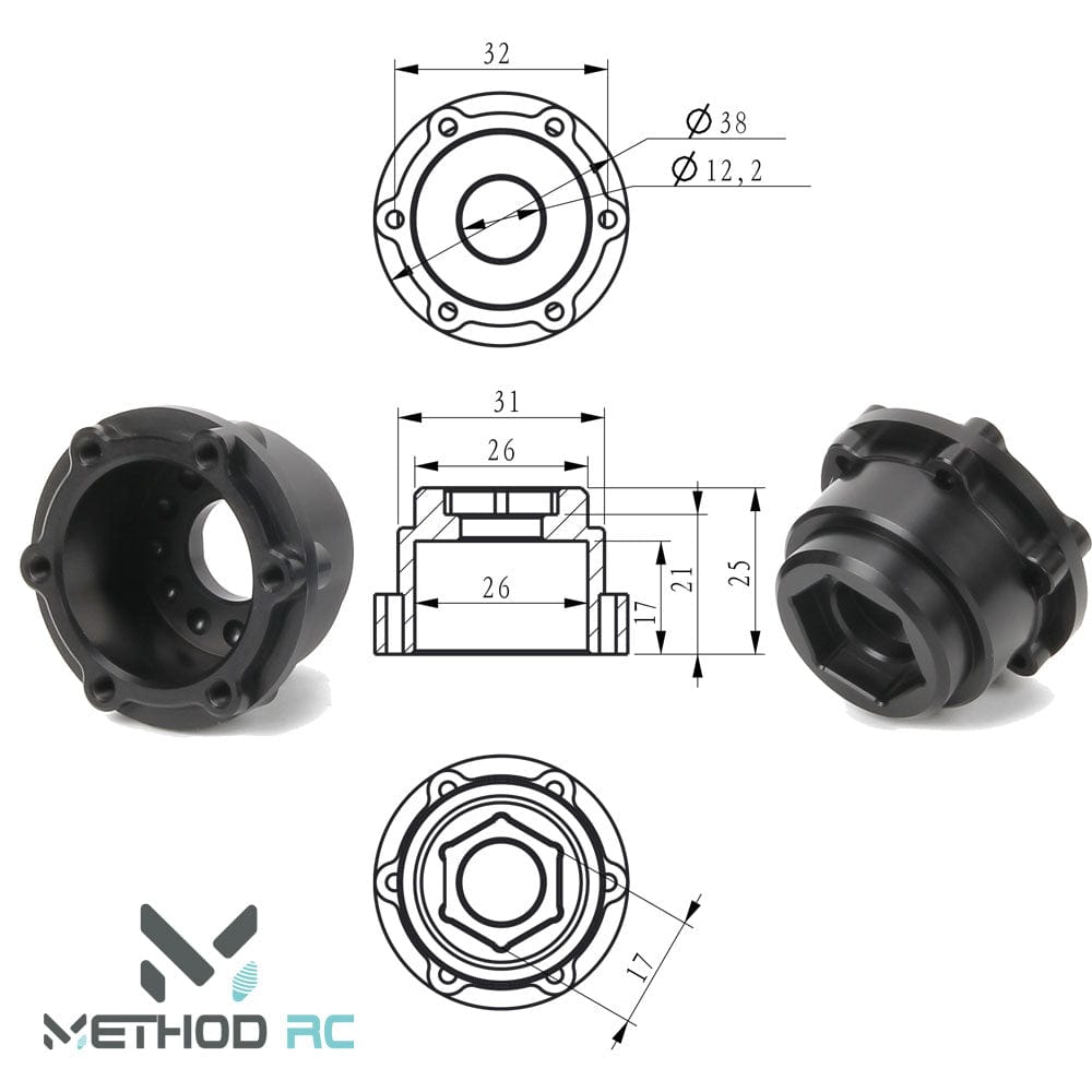 Method RC Wheel Hexes 6 x 32mm / 21mm Offset Hex Adaptor for use with Traxxas MAXX, REVO, HPI Savage, Arrma Fireteam, Corally Jambo (2pcs)