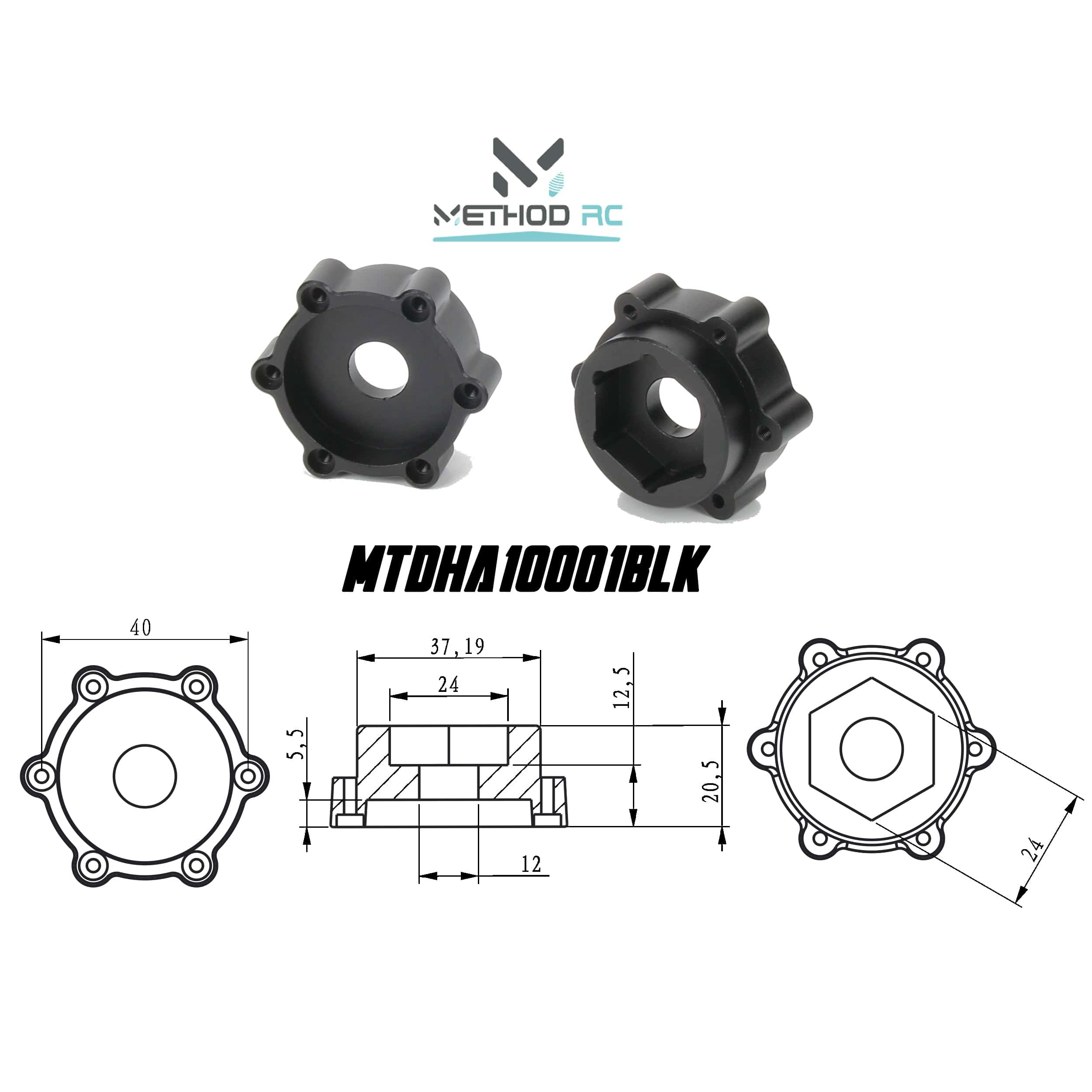 Method RC Wheel Hexes 6 X 40mm / 12.5mm Offset 24mm Hex Adaptor, for use with Traxxas XRT/X-MAXX, (2pcs)