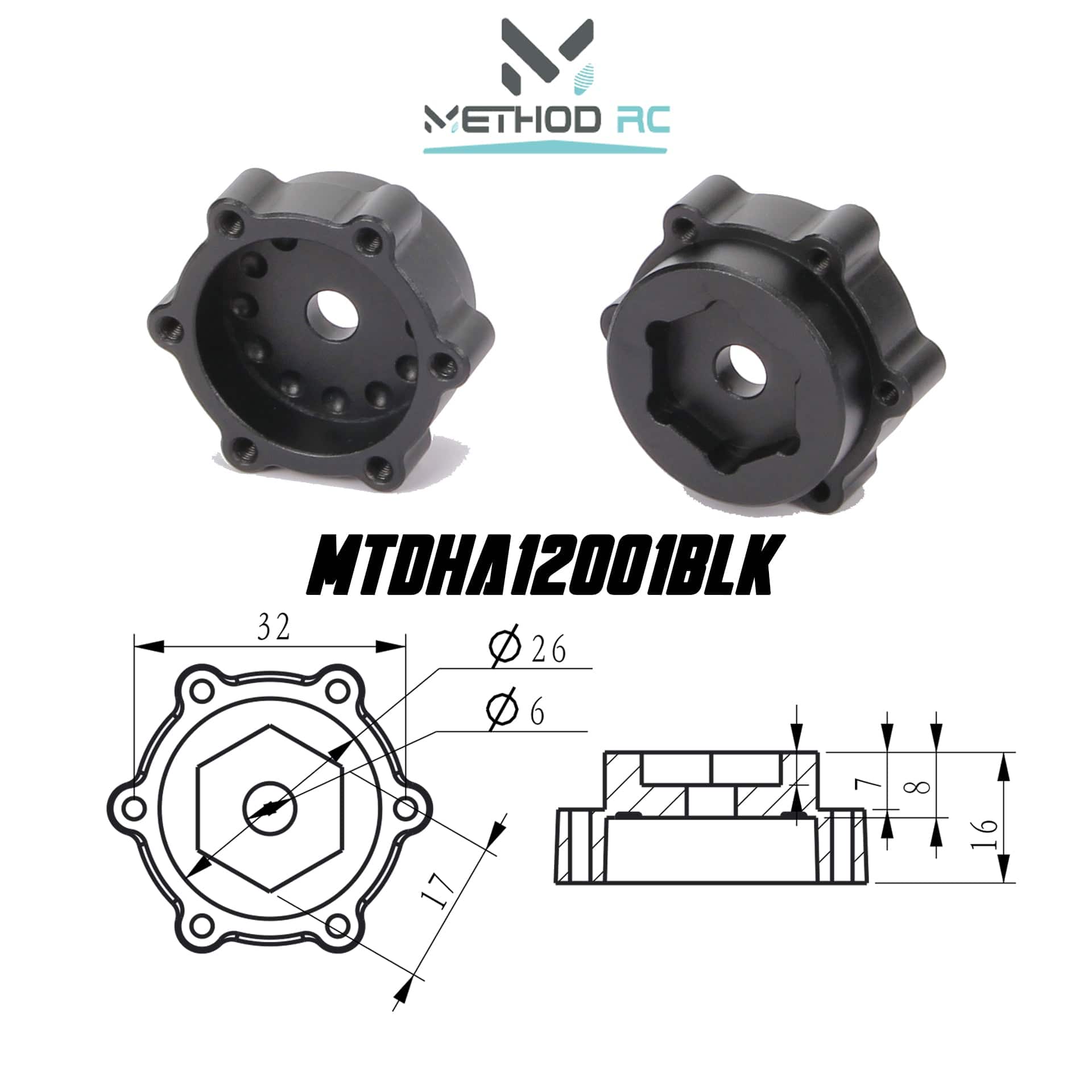 Method RC Wheel Hexes Black 6 x 32mm / 12mm Offset Hex Adaptor for use with Traxxas UDR (2pcs)