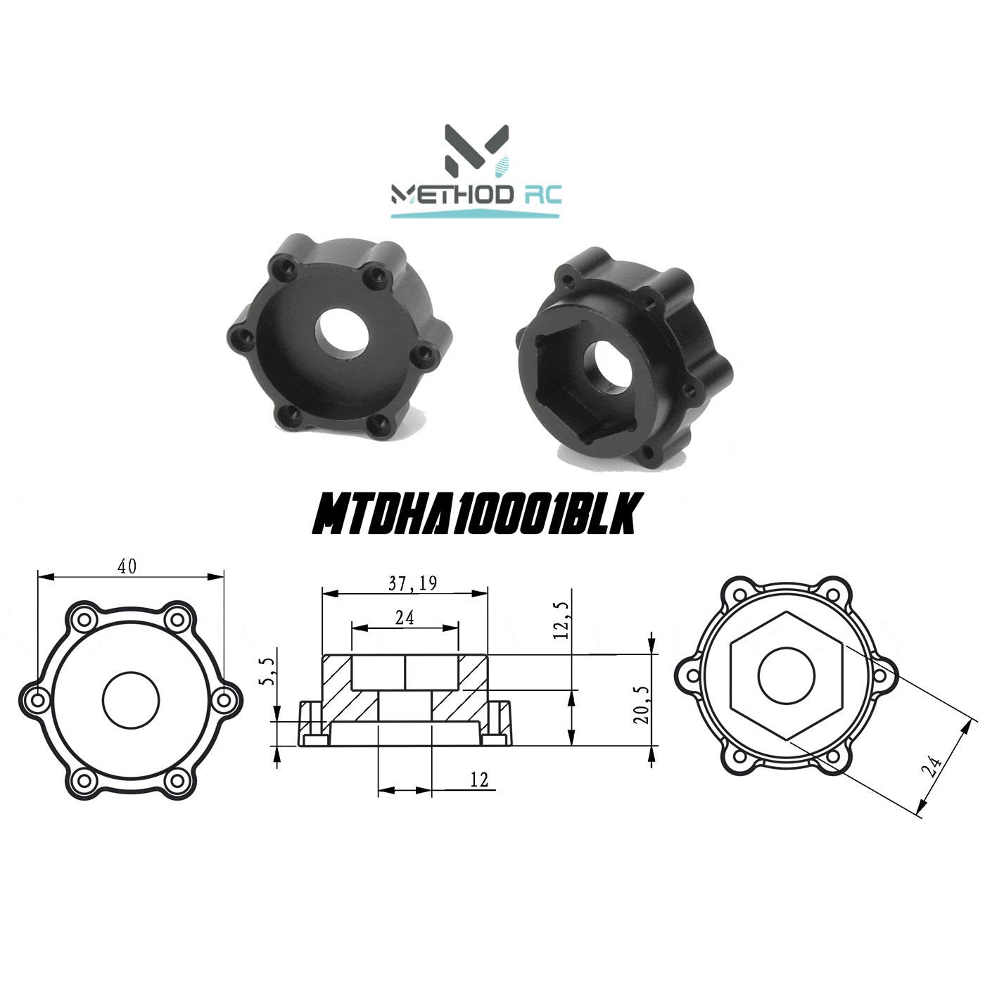 Method RC Wheel Hexes Black 6 X 40mm / 12.5mm Offset 24mm Hex Adaptor, for use with Traxxas XRT/X-MAXX, (2pcs)